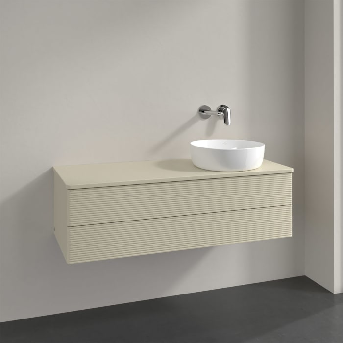 Villeroy & Boch Antao Waschbeckenunterschrank, 120 x 36 cm, 2 Auszüge mit LED-Licht, Front mit Struktur, mit Hahnloch, für Waschtisch rechts