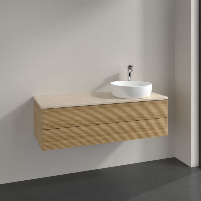 Villeroy & Boch Antao Waschbeckenunterschrank, 120 x 36 cm, 2 Auszüge mit LED-Licht, Front mit Struktur, mit Hahnloch, für Waschtisch rechts