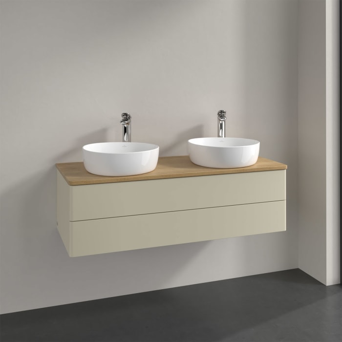 Villeroy & Boch Antao Waschbeckenunterschrank, 120 x 36 cm, 2 Auszüge mit LED-Licht, Front ohne Struktur, mit Hahnloch, für Waschtisch links und recht