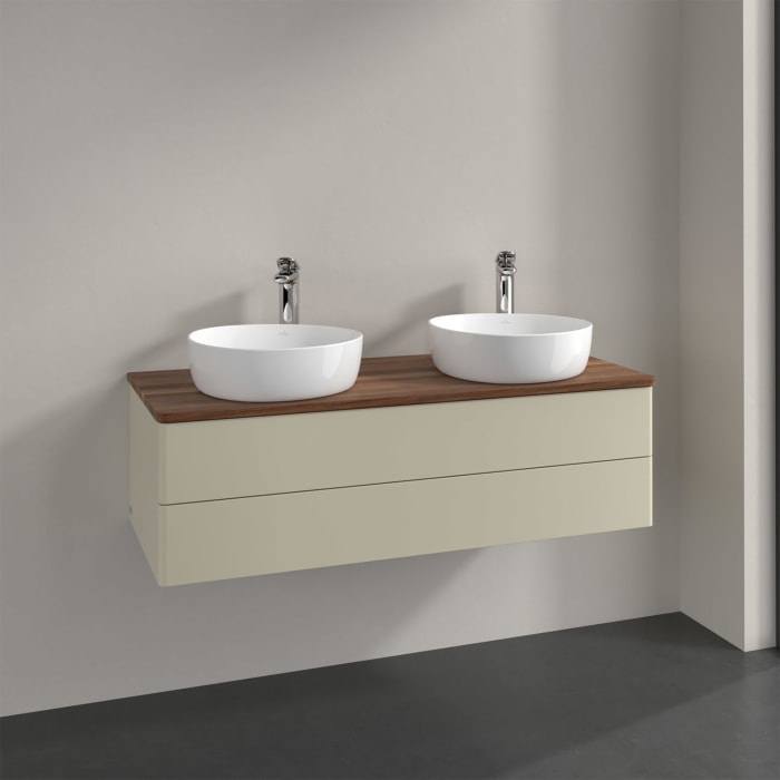 Villeroy & Boch Antao Waschbeckenunterschrank, 120 x 36 cm, 2 Auszüge mit LED-Licht, Front ohne Struktur, mit Hahnloch, für Waschtisch links und recht