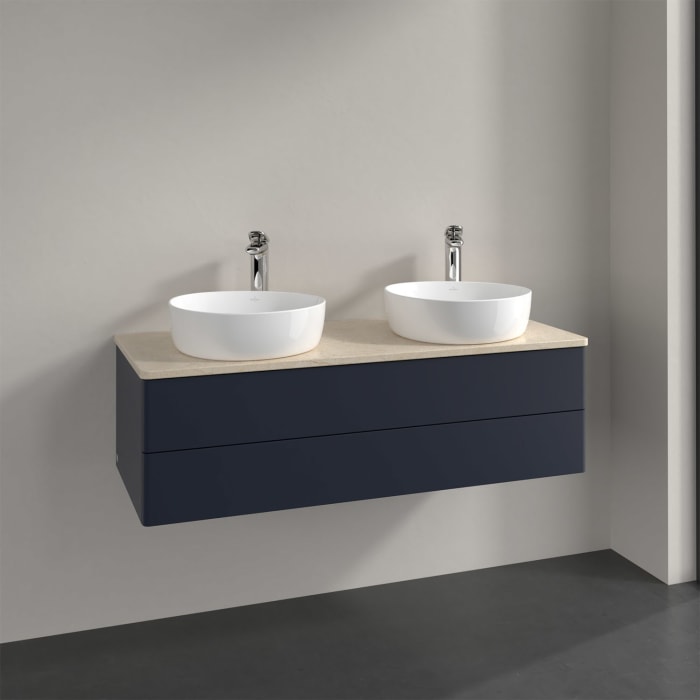 Villeroy & Boch Antao Waschbeckenunterschrank, 120 x 36 cm, 2 Auszüge mit LED-Licht, Front ohne Struktur, mit Hahnloch, für Waschtisch links und recht