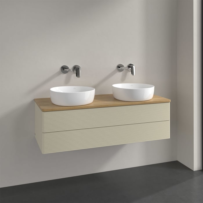 Villeroy & Boch Antao Waschbeckenunterschrank, 120 x 36 cm, 2 Auszüge mit LED-Licht, Front mit Struktur, ohne Hahnloch, für Waschtisch links und recht