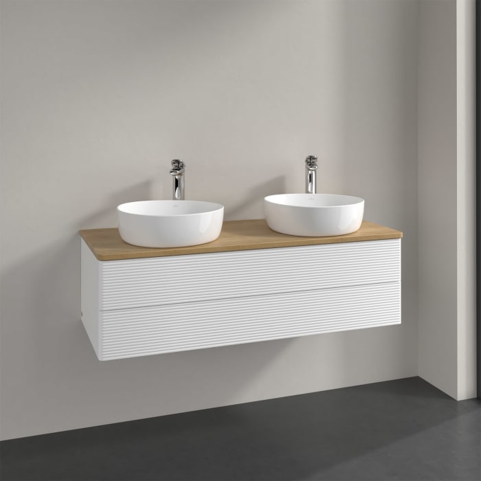 Villeroy & Boch Antao Waschbeckenunterschrank, 120 x 36 cm, 2 Auszüge mit LED-Licht, Front mit Struktur, mit Hahnloch, für Waschtisch links und rechts
