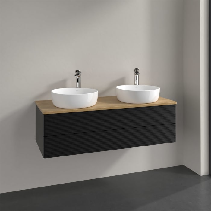 Villeroy & Boch Antao Waschbeckenunterschrank, 120 x 36 cm, 2 Auszüge mit LED-Licht, Front mit Struktur, mit Hahnloch, für Waschtisch links und rechts