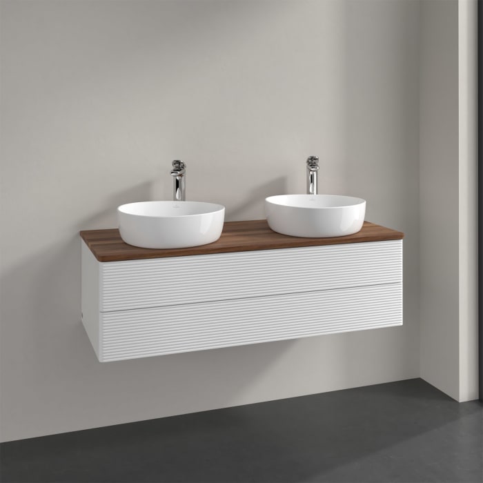 Villeroy & Boch Antao Waschbeckenunterschrank, 120 x 36 cm, 2 Auszüge mit LED-Licht, Front mit Struktur, mit Hahnloch, für Waschtisch links und rechts