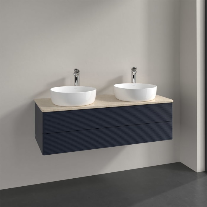 Villeroy & Boch Antao Waschbeckenunterschrank, 120 x 36 cm, 2 Auszüge mit LED-Licht, Front mit Struktur, mit Hahnloch, für Waschtisch links und rechts