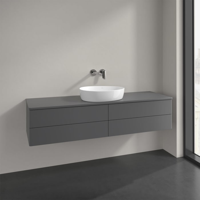 Villeroy & Boch Antao Waschbeckenunterschrank, 160 x 36 cm, 4 Auszüge mit LED-Licht, Front ohne Struktur, mit Hahnloch, für Waschtisch mittig