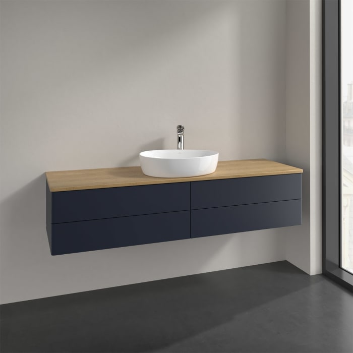 Villeroy & Boch Antao Waschbeckenunterschrank, 160 x 36 cm, 4 Auszüge mit LED-Licht, Front ohne Struktur, mit Hahnloch, für Waschtisch mittig