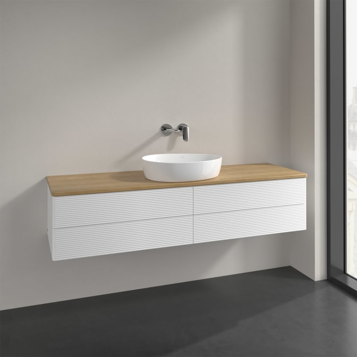 Villeroy & Boch Antao Waschbeckenunterschrank, 160 x 36 cm, 4 Auszüge mit LED-Licht, Front mit Struktur, ohne Hahnloch, für Waschtisch mittig