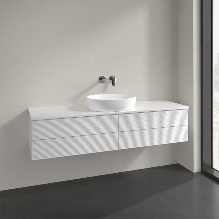 Villeroy & Boch Antao Waschbeckenunterschrank, 160 x 36 cm, 4 Auszüge mit LED-Licht, Front mit Struktur, mit Hahnloch, für Waschtisch mittig