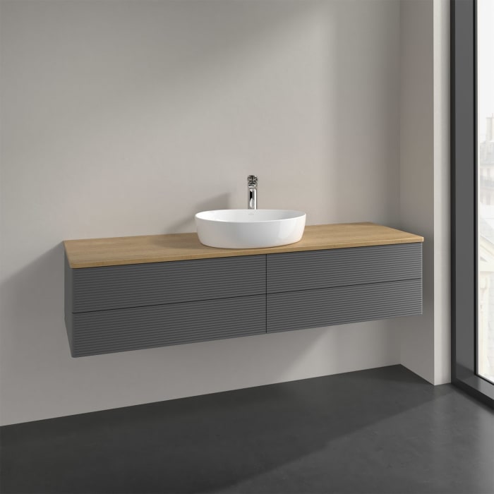 Villeroy & Boch Antao Waschbeckenunterschrank, 160 x 36 cm, 4 Auszüge mit LED-Licht, Front mit Struktur, mit Hahnloch, für Waschtisch mittig