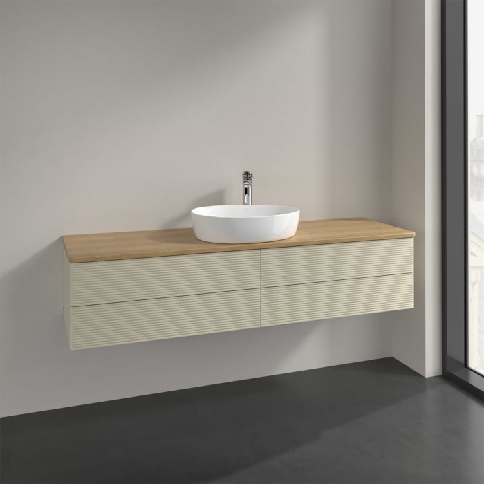 Villeroy & Boch Antao Waschbeckenunterschrank, 160 x 36 cm, 4 Auszüge mit LED-Licht, Front mit Struktur, mit Hahnloch, für Waschtisch mittig