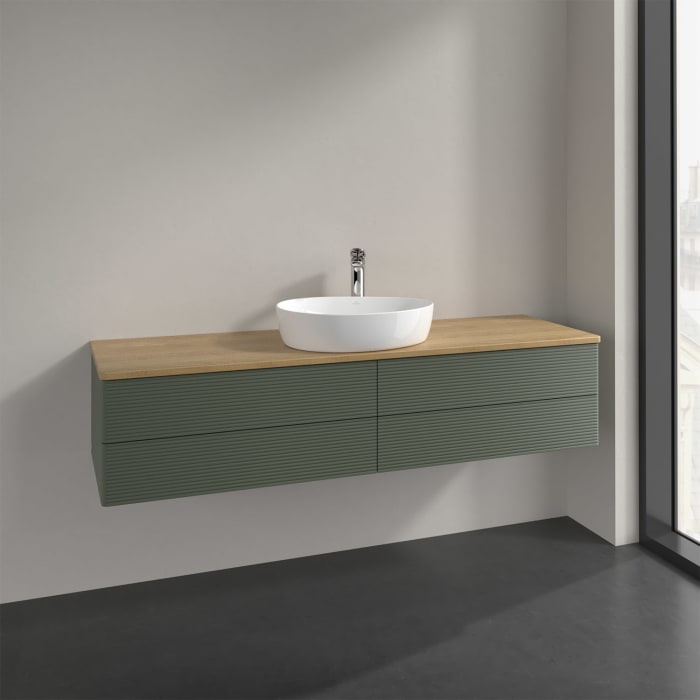 Villeroy & Boch Antao Waschbeckenunterschrank, 160 x 36 cm, 4 Auszüge mit LED-Licht, Front mit Struktur, mit Hahnloch, für Waschtisch mittig