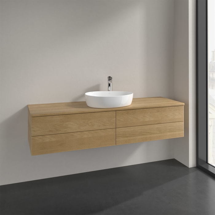 Villeroy & Boch Antao Waschbeckenunterschrank, 160 x 36 cm, 4 Auszüge mit LED-Licht, Front mit Struktur, mit Hahnloch, für Waschtisch mittig