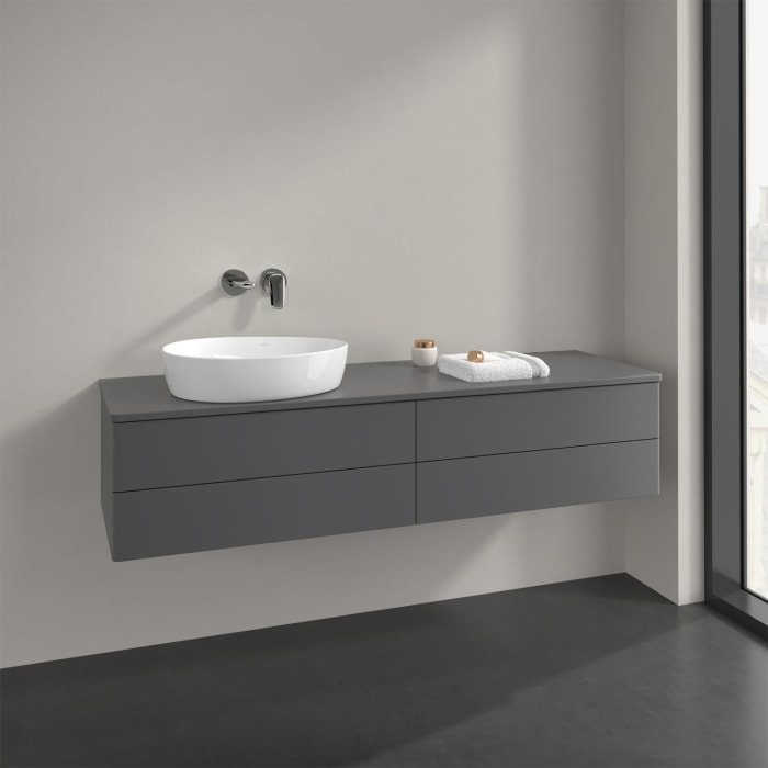 Villeroy & Boch Antao Waschbeckenunterschrank, 160 x 36 cm, 4 Auszüge mit LED-Licht, Front ohne Struktur, mit Hahnloch, für Waschtisch links