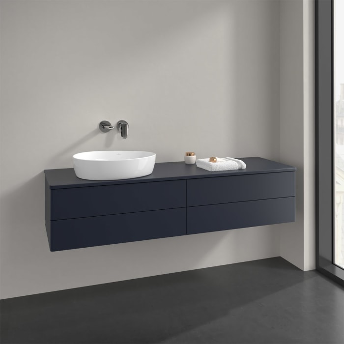 Villeroy & Boch Antao Waschbeckenunterschrank, 160 x 36 cm, 4 Auszüge mit LED-Licht, Front ohne Struktur, mit Hahnloch, für Waschtisch links