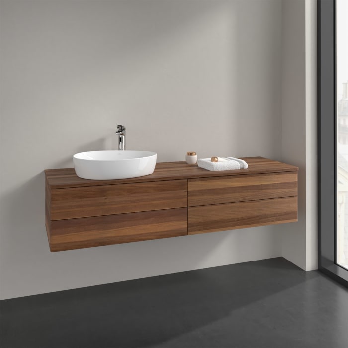 Villeroy & Boch Antao Waschbeckenunterschrank, 160 x 36 cm, 4 Auszüge mit LED-Licht, Front ohne Struktur, mit Hahnloch, für Waschtisch links