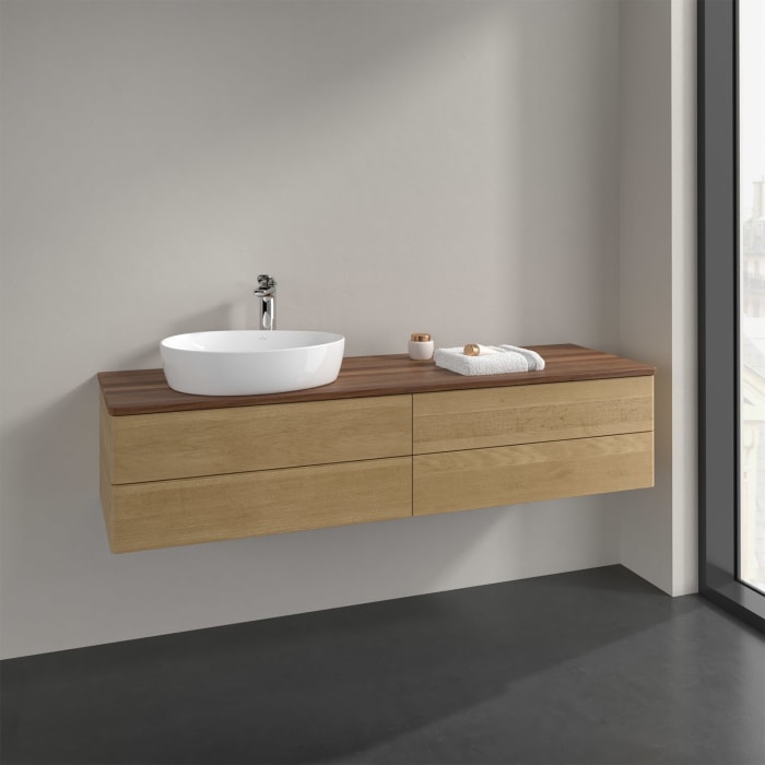 Villeroy & Boch Antao Waschbeckenunterschrank, 160 x 36 cm, 4 Auszüge mit LED-Licht, Front ohne Struktur, mit Hahnloch, für Waschtisch links