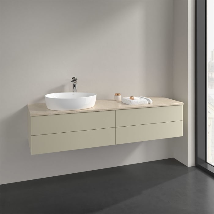 Villeroy & Boch Antao Waschbeckenunterschrank, 160 x 36 cm, 4 Auszüge mit LED-Licht, Front ohne Struktur, mit Hahnloch, für Waschtisch links