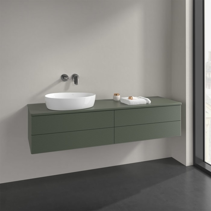 Villeroy & Boch Antao Waschbeckenunterschrank, 160 x 36 cm, 4 Auszüge mit LED-Licht, Front mit Struktur, ohne Hahnloch, für Waschtisch links