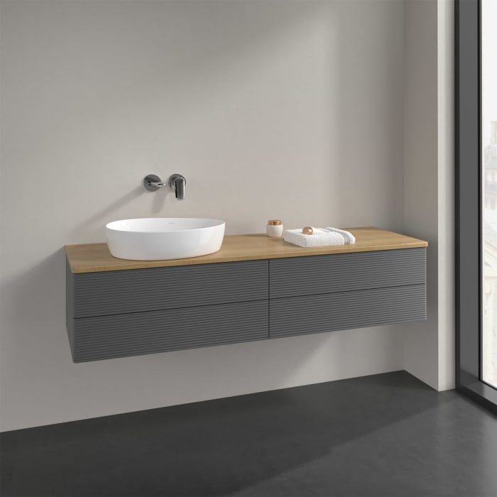Villeroy & Boch Antao Waschbeckenunterschrank, 160 x 36 cm, 4 Auszüge mit LED-Licht, Front mit Struktur, ohne Hahnloch, für Waschtisch links