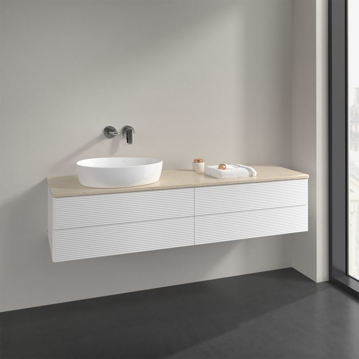 Villeroy & Boch Antao Waschbeckenunterschrank, 160 x 36 cm, 4 Auszüge mit LED-Licht, Front mit Struktur, ohne Hahnloch, für Waschtisch links