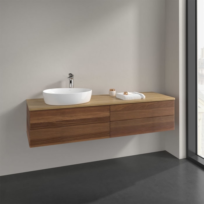 Villeroy & Boch Antao Waschbeckenunterschrank, 160 x 36 cm, 4 Auszüge mit LED-Licht, Front mit Struktur, mit Hahnloch, für Waschtisch links