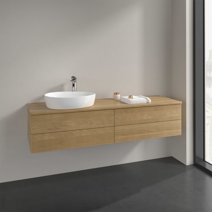 Villeroy & Boch Antao Waschbeckenunterschrank, 160 x 36 cm, 4 Auszüge mit LED-Licht, Front mit Struktur, mit Hahnloch, für Waschtisch links