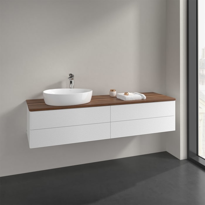 Villeroy & Boch Antao Waschbeckenunterschrank, 160 x 36 cm, 4 Auszüge mit LED-Licht, Front mit Struktur, mit Hahnloch, für Waschtisch links