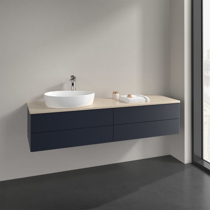 Villeroy & Boch Antao Waschbeckenunterschrank, 160 x 36 cm, 4 Auszüge mit LED-Licht, Front mit Struktur, mit Hahnloch, für Waschtisch links