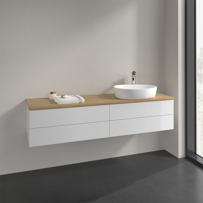 Villeroy & Boch Antao Waschbeckenunterschrank, 160 x 36 cm, 4 Auszüge mit LED-Licht, Front ohne Struktur, mit Hahnloch, für Waschtisch rechts