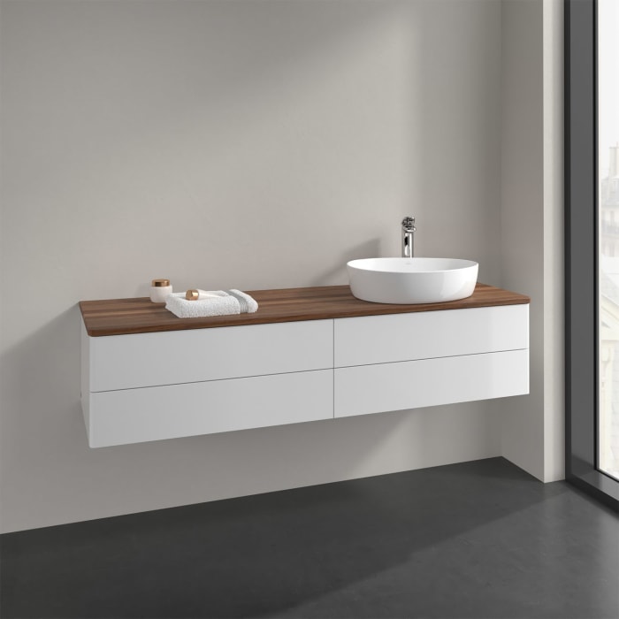 Villeroy & Boch Antao Waschbeckenunterschrank, 160 x 36 cm, 4 Auszüge mit LED-Licht, Front ohne Struktur, mit Hahnloch, für Waschtisch rechts