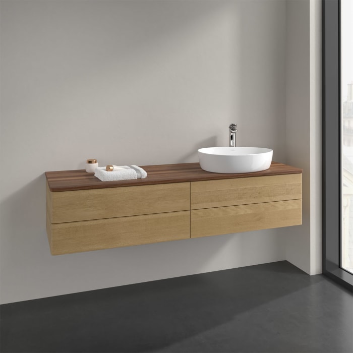 Villeroy & Boch Antao Waschbeckenunterschrank, 160 x 36 cm, 4 Auszüge mit LED-Licht, Front ohne Struktur, mit Hahnloch, für Waschtisch rechts