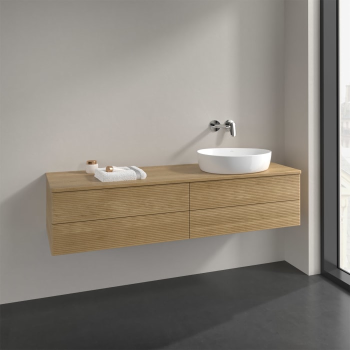 Villeroy & Boch Antao Waschbeckenunterschrank, 160 x 36 cm, 4 Auszüge mit LED-Licht, Front mit Struktur, ohne Hahnloch, für Waschtisch rechts