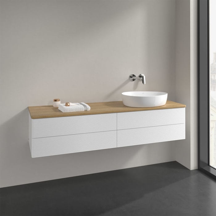 Villeroy & Boch Antao Waschbeckenunterschrank, 160 x 36 cm, 4 Auszüge mit LED-Licht, Front mit Struktur, ohne Hahnloch, für Waschtisch rechts