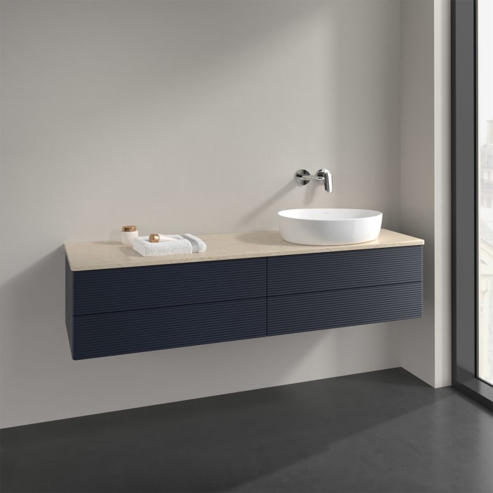 Villeroy & Boch Antao Waschbeckenunterschrank, 160 x 36 cm, 4 Auszüge mit LED-Licht, Front mit Struktur, ohne Hahnloch, für Waschtisch rechts