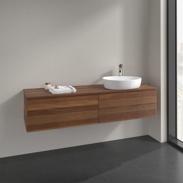 Villeroy & Boch Antao Waschbeckenunterschrank, 160 x 36 cm, 4 Auszüge mit LED-Licht, Front mit Struktur, mit Hahnloch, für Waschtisch rechts