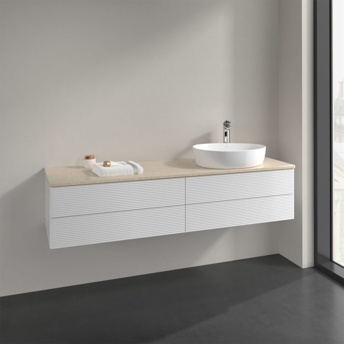 Villeroy & Boch Antao Waschbeckenunterschrank, 160 x 36 cm, 4 Auszüge mit LED-Licht, Front mit Struktur, mit Hahnloch, für Waschtisch rechts