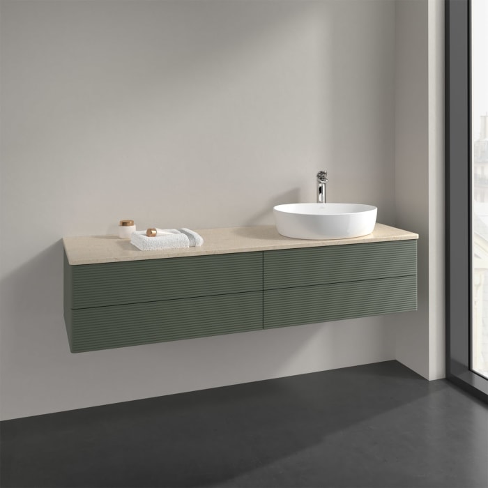 Villeroy & Boch Antao Waschbeckenunterschrank, 160 x 36 cm, 4 Auszüge mit LED-Licht, Front mit Struktur, mit Hahnloch, für Waschtisch rechts