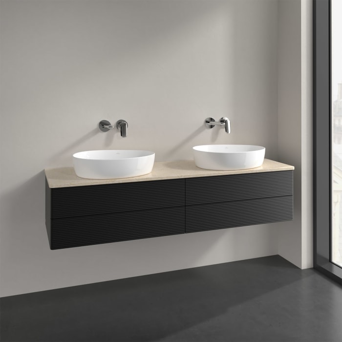 Villeroy & Boch Antao Waschbeckenunterschrank, 160 x 36 cm, 4 Auszüge mit LED-Licht, Front mit Struktur, ohne Hahnloch, für Waschtisch links und recht