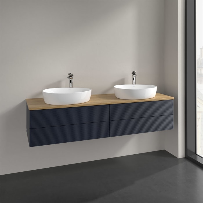 Villeroy & Boch Antao Waschbeckenunterschrank, 160 x 36 cm, 4 Auszüge mit LED-Licht, Front mit Struktur, mit Hahnloch, für Waschtisch links und rechts
