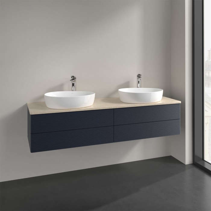 Villeroy & Boch Antao Waschbeckenunterschrank, 160 x 36 cm, 4 Auszüge mit LED-Licht, Front mit Struktur, mit Hahnloch, für Waschtisch links und rechts