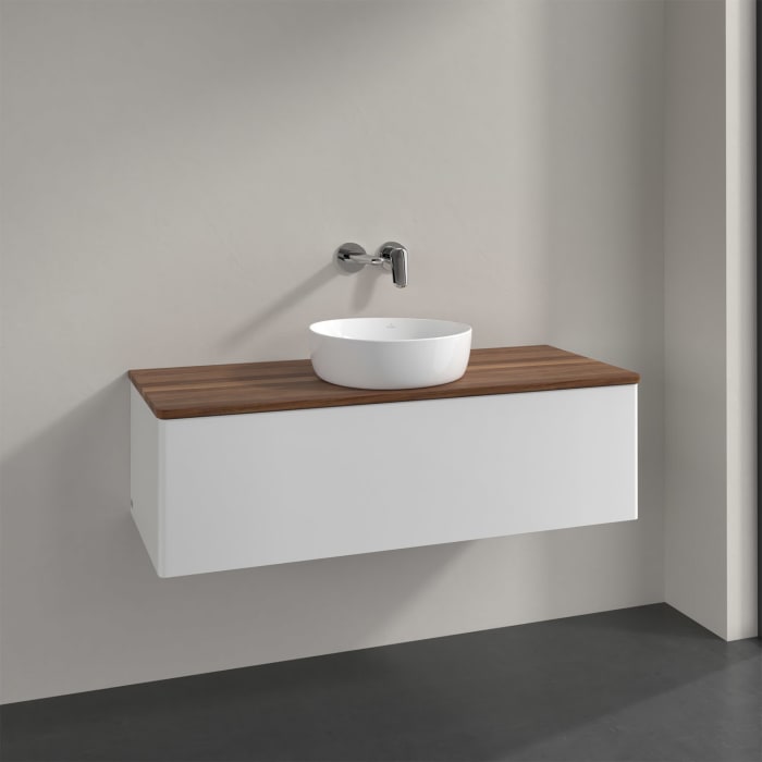 Villeroy & Boch Antao Waschbeckenunterschrank, 120 x 36 cm, 1 Auszug mit LED-Licht, Front ohne Struktur, ohne Hahnloch, für Waschtisch mittig