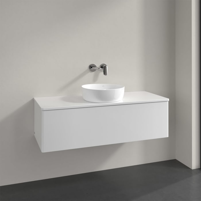 Villeroy & Boch Antao Waschbeckenunterschrank, 120 x 36 cm, 1 Auszug mit LED-Licht, Front ohne Struktur, mit Hahnloch, für Waschtisch mittig