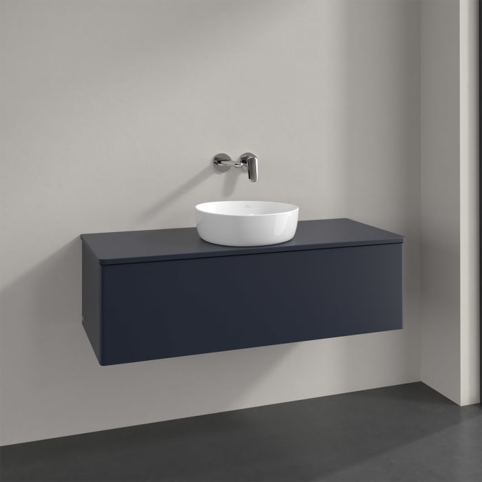 Villeroy & Boch Antao Waschbeckenunterschrank, 120 x 36 cm, 1 Auszug mit LED-Licht, Front ohne Struktur, mit Hahnloch, für Waschtisch mittig
