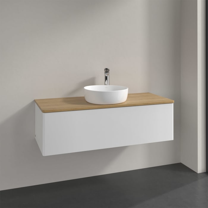 Villeroy & Boch Antao Waschbeckenunterschrank, 120 x 36 cm, 1 Auszug mit LED-Licht, Front ohne Struktur, mit Hahnloch, für Waschtisch mittig