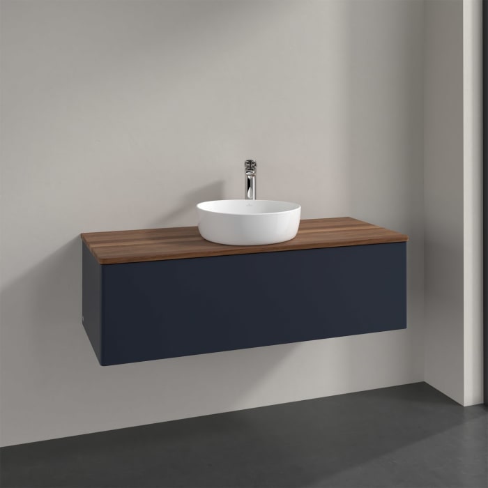 Villeroy & Boch Antao Waschbeckenunterschrank, 120 x 36 cm, 1 Auszug mit LED-Licht, Front ohne Struktur, mit Hahnloch, für Waschtisch mittig