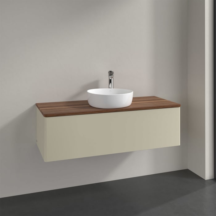 Villeroy & Boch Antao Waschbeckenunterschrank, 120 x 36 cm, 1 Auszug mit LED-Licht, Front ohne Struktur, mit Hahnloch, für Waschtisch mittig