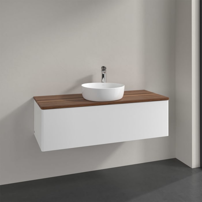 Villeroy & Boch Antao Waschbeckenunterschrank, 120 x 36 cm, 1 Auszug mit LED-Licht, Front ohne Struktur, mit Hahnloch, für Waschtisch mittig