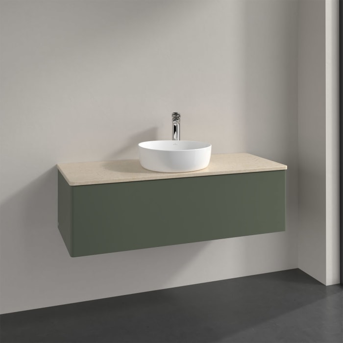 Villeroy & Boch Antao Waschbeckenunterschrank, 120 x 36 cm, 1 Auszug mit LED-Licht, Front ohne Struktur, mit Hahnloch, für Waschtisch mittig
